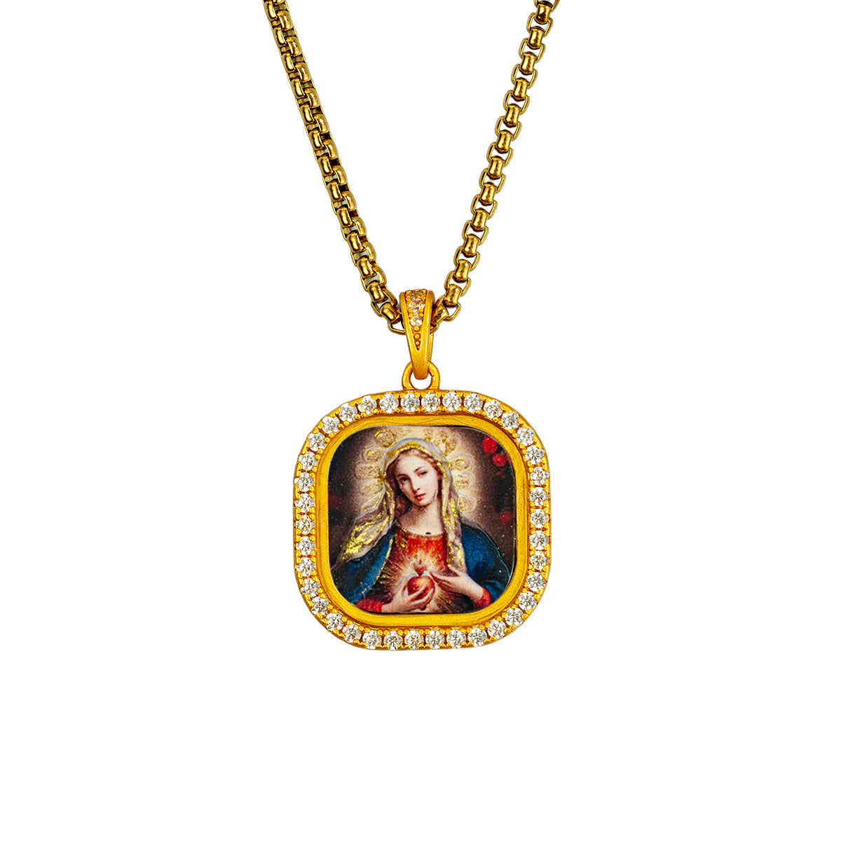GIVELUCK 18k Plated Gold Catholic Zircon Pendant Necklace Cameo Embossing Mary-the-Blessed-Virgin Miraculous Medal（S）
