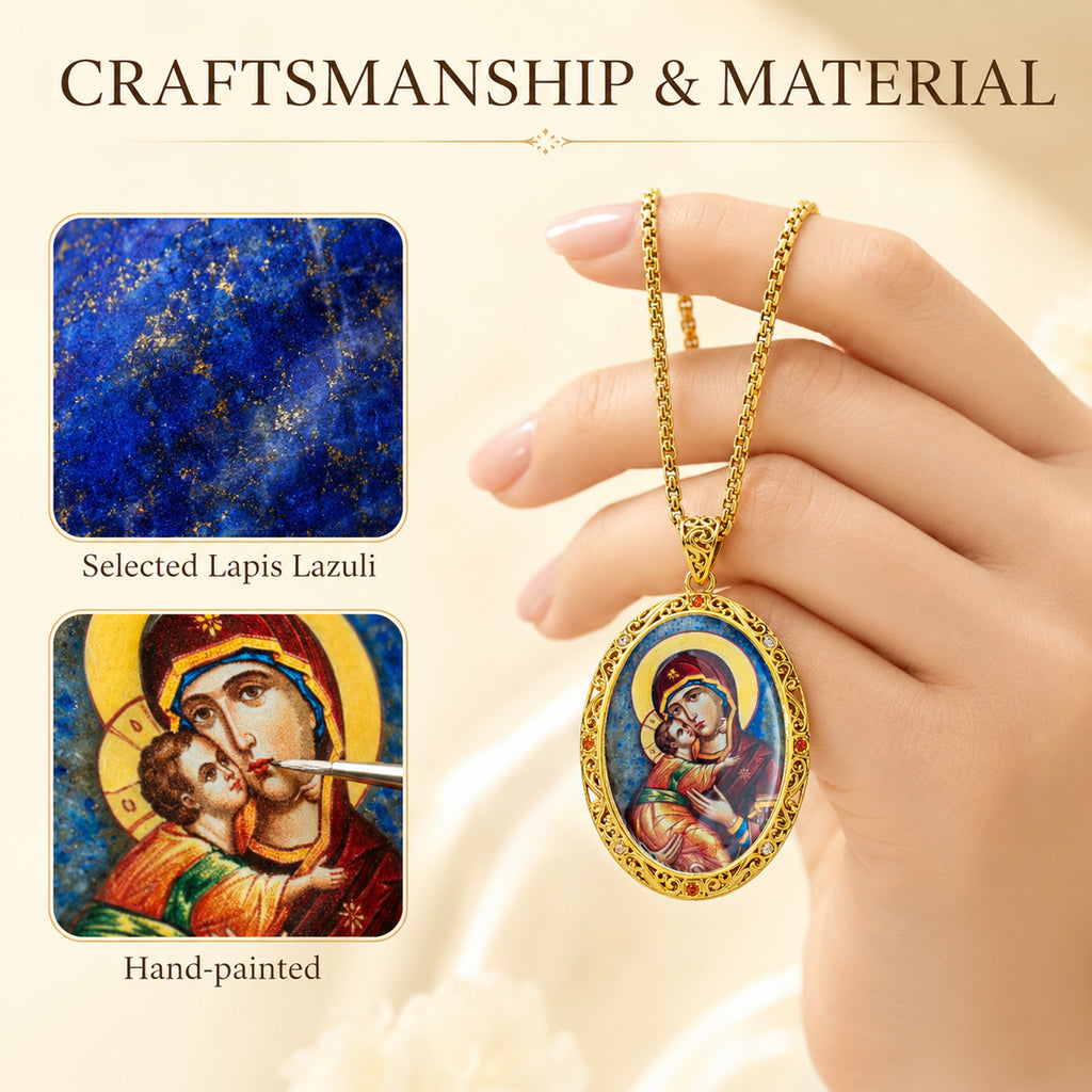 Hand-Painted Virgin Mary Icon Necklace, Mother of Pearl, Lapis Lazuli, Orthodox Christian Gift