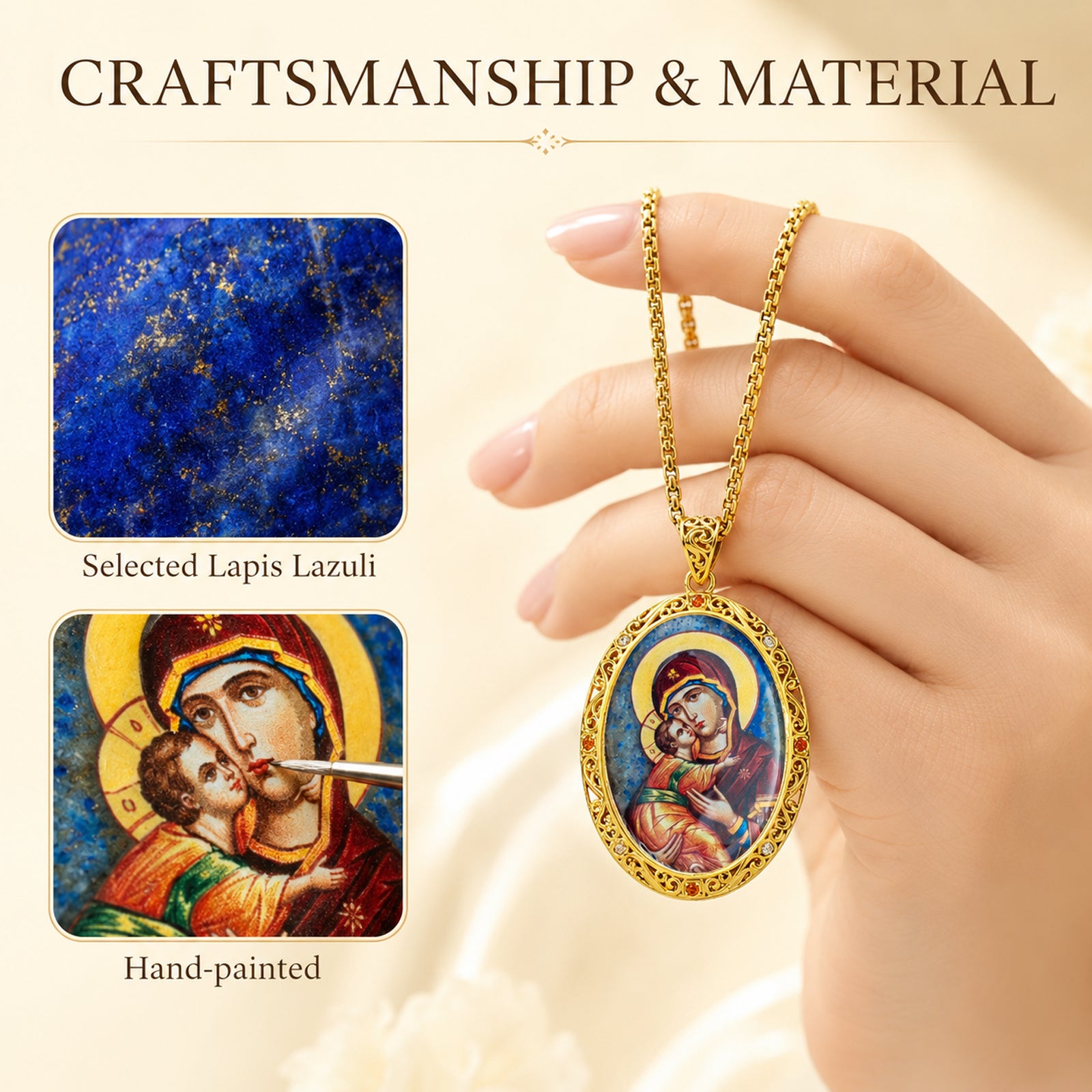 Hand-Painted Virgin Mary Icon Necklace, Mother of Pearl, Lapis Lazuli, Orthodox Christian Gift