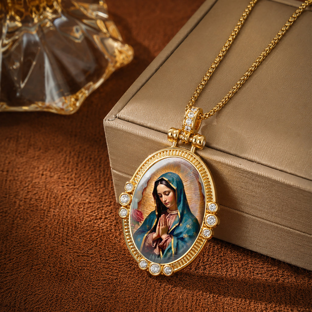 GIVELUCK 18K Gold Plated Our Lady of Guadalupe Necklace for Women, Authentic Vitreous Enamel Virgin Mary Pendant, Catholic Protection Jewelry Gift