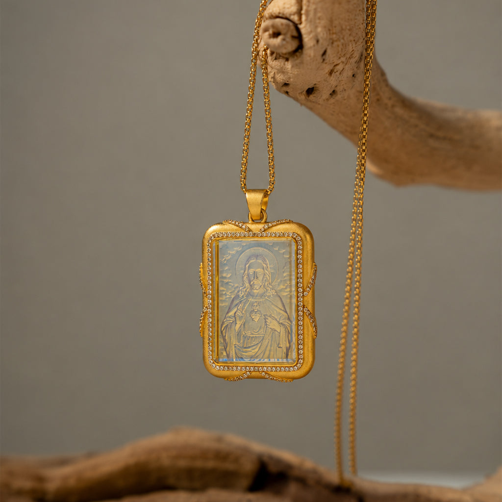 Sacred Heart Jesus Necklace, 18K Gold Plated Intaglio Carved Pendant, Catholic Religious Jewelry