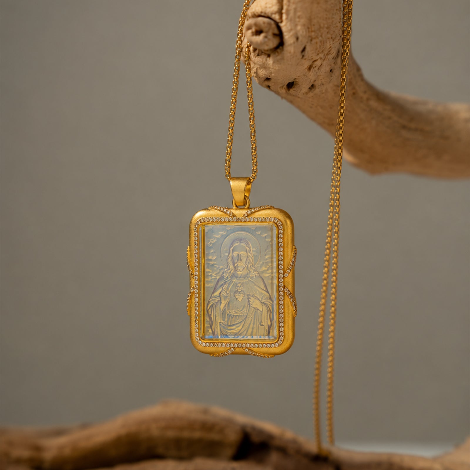 Sacred Heart Jesus Necklace, 18K Gold Plated Intaglio Carved Pendant, Catholic Religious Jewelry