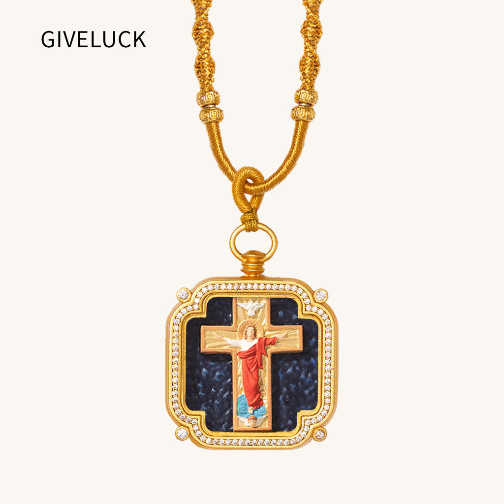 18k Plated Gold Zircon Catholic Pendant Necklace for Men and Women Cameo Embossing Cross and Jesus Devotional Medal