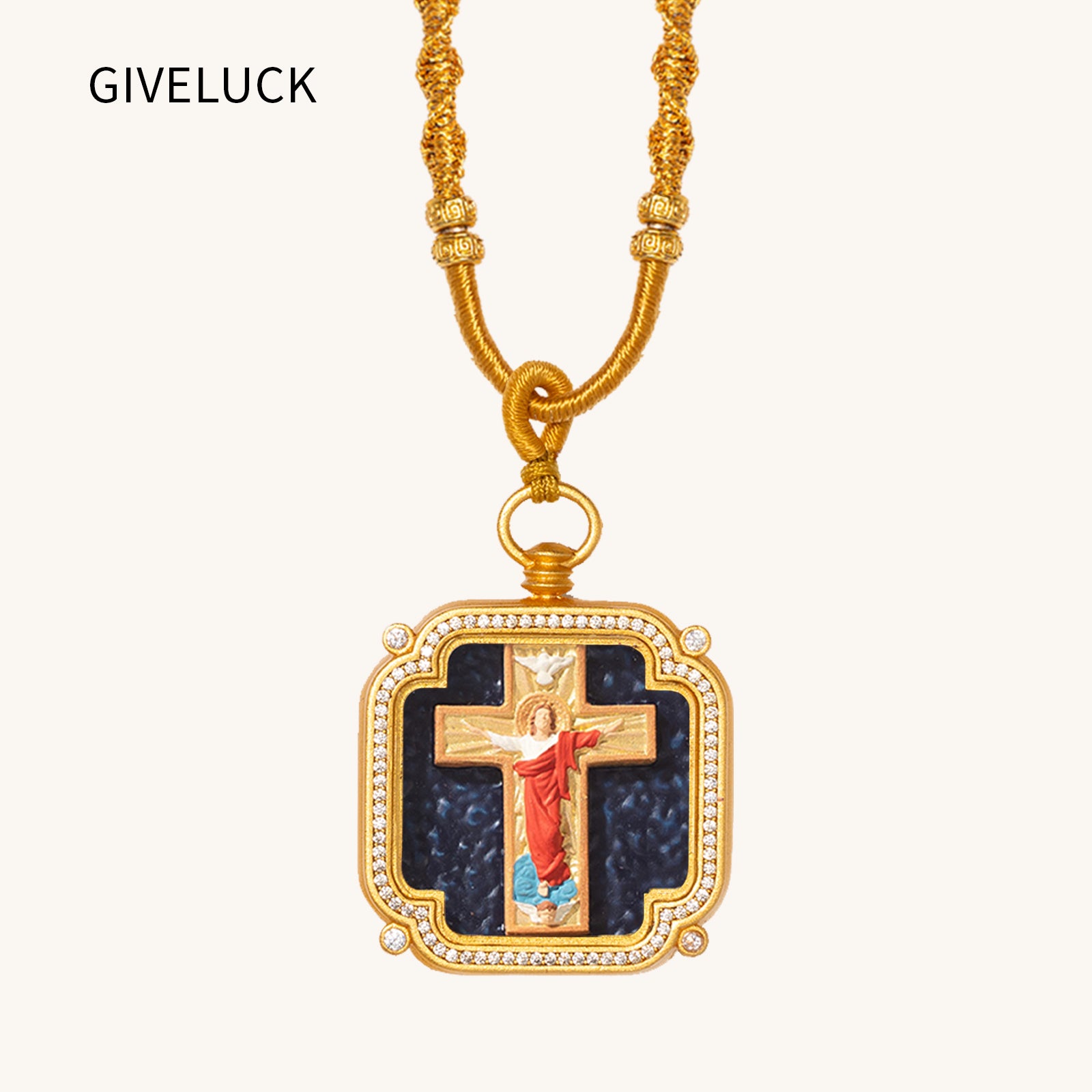 18k Plated Gold Zircon Catholic Pendant Necklace for Men and Women Cameo Embossing Cross and Jesus Devotional Medal
