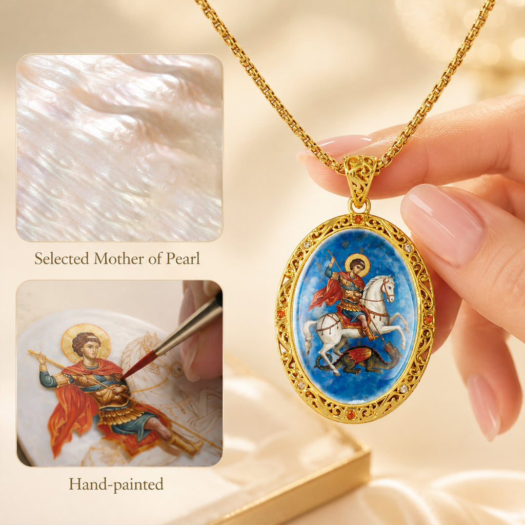 Saint George Medal Pendant, 18K Gold Plated Lapis Lazuli Catholic Jewelry
