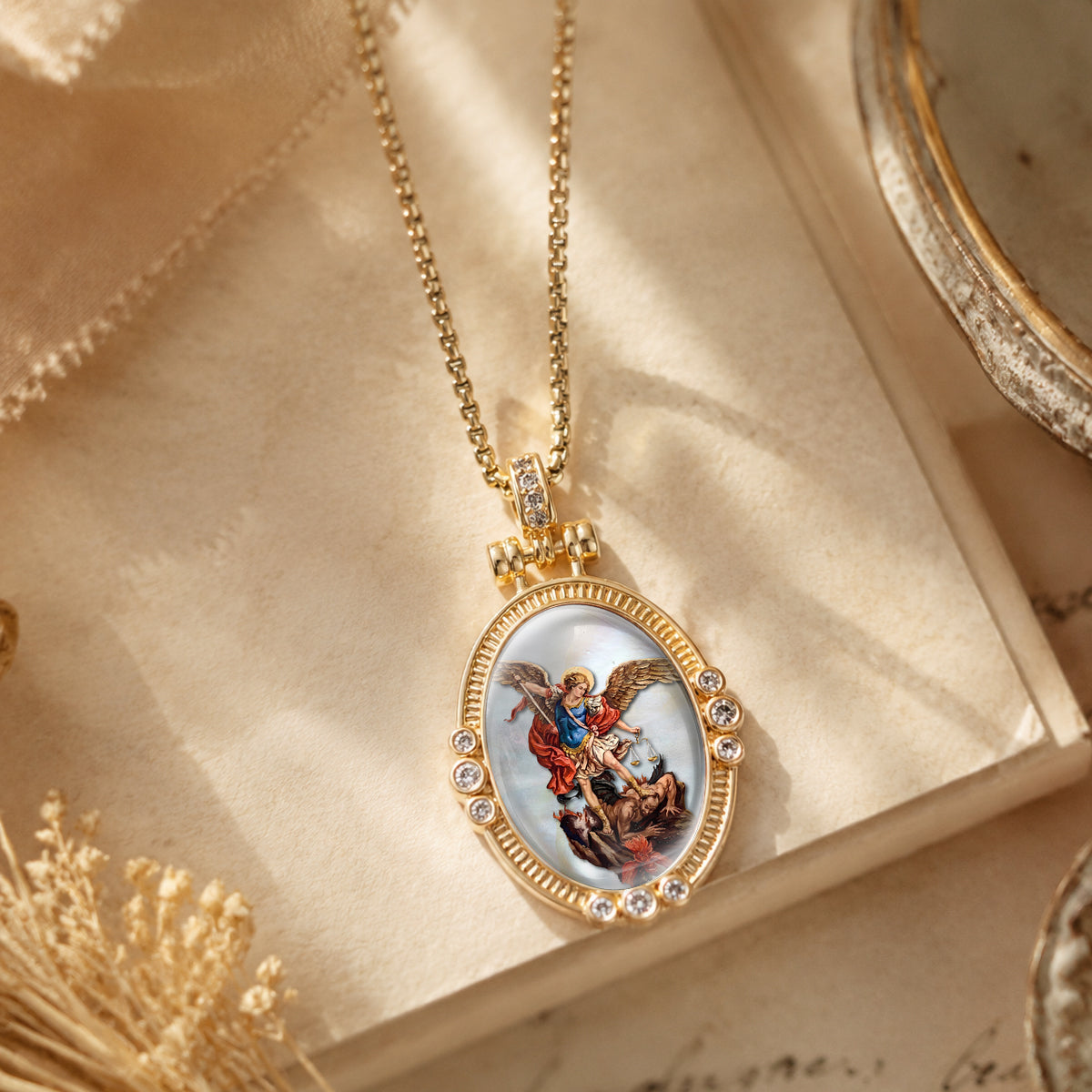 GIVELUCK St. Michael the Archangel Necklace for Men & Women, 18K Gold Plated Mother of Pearl St. Michael the Archangel Pendant with Zircon, Catholic Protection Jewelry Gift