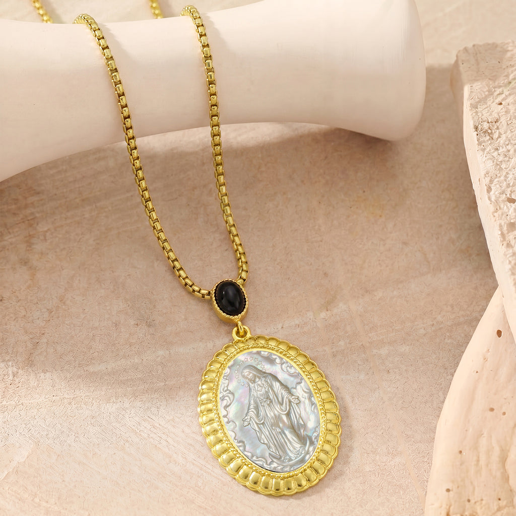 Miraculous Medal Necklace, 18K Gold Plated Virgin Mary Cameo Pendant