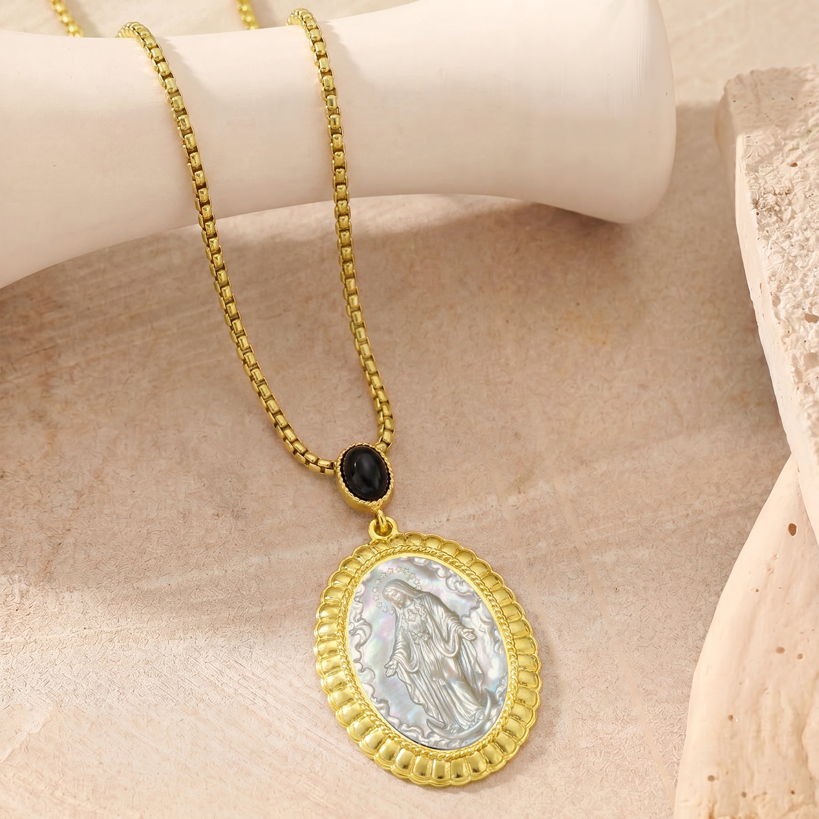 Miraculous Medal Necklace, 18K Gold Plated Virgin Mary Cameo Pendant