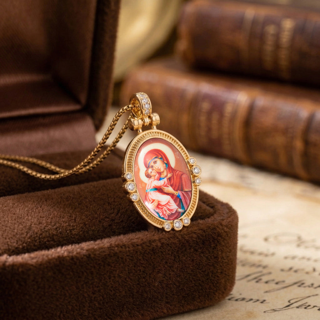 GIVELUCK 18k Plated Gold Pendant Necklace Enamel Eternal Halo Virgin Mary Miraculous Medal for Women and Men