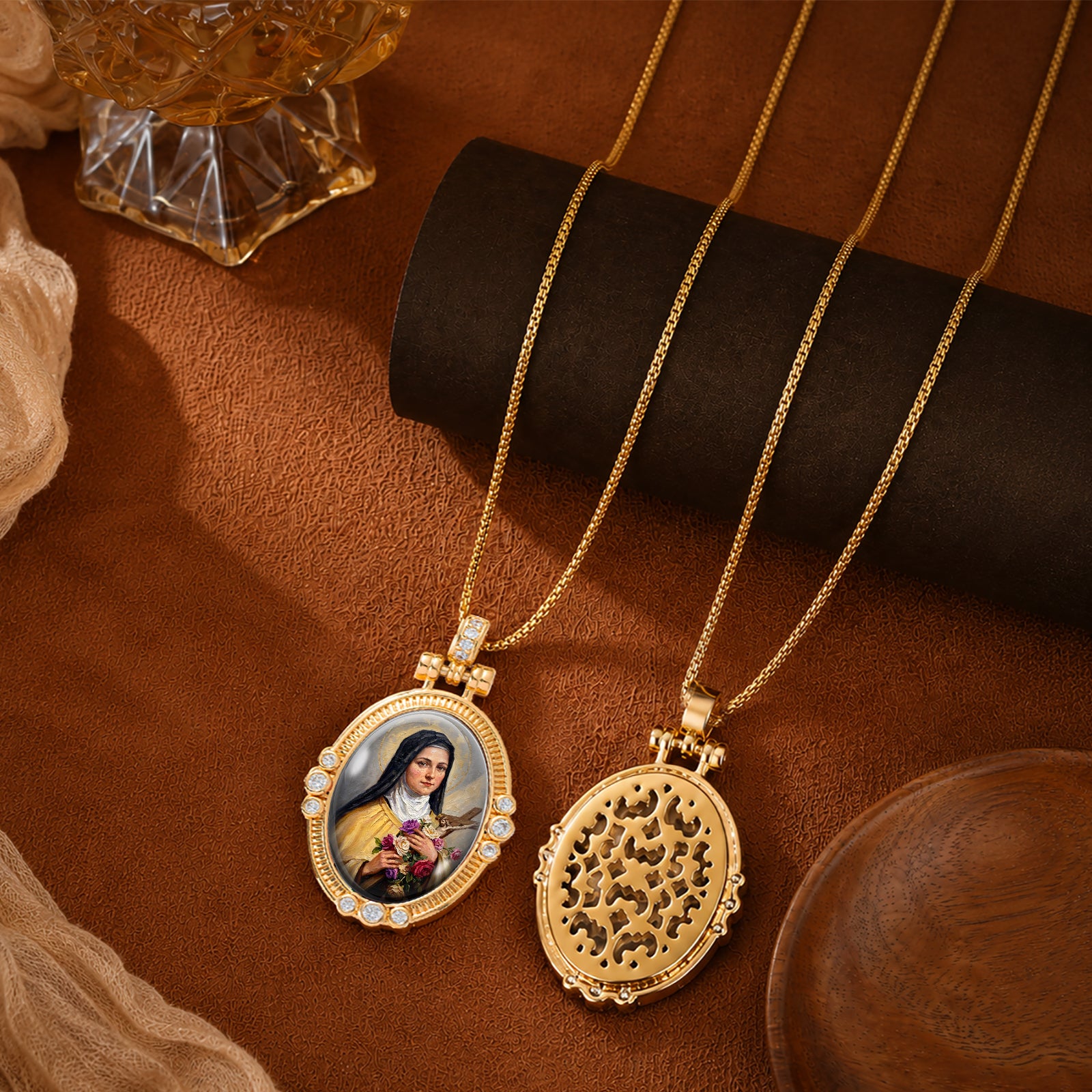 Saint Therese Little Flower Necklace, 18K Gold Plated Enamel Pendant, Zircon Accents