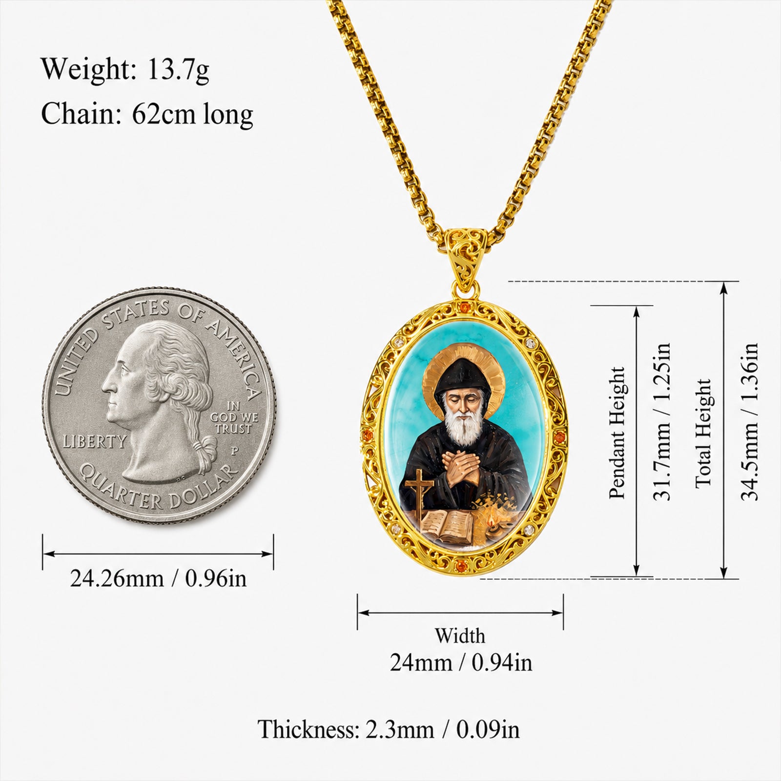 GIVELUCK St. Charbel Necklace for Men & Women, 18K Gold Plated Turquoise St. Charbel Pendant with Zircon, Catholic Protection Jewelry Gift