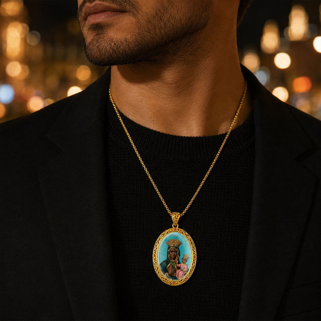 GIVELUCK Black Madonna Necklace for Men & Women, 18K Gold Plated Turquoise Black Madonna Pendant with Zircon, Catholic Protection Jewelry Gift