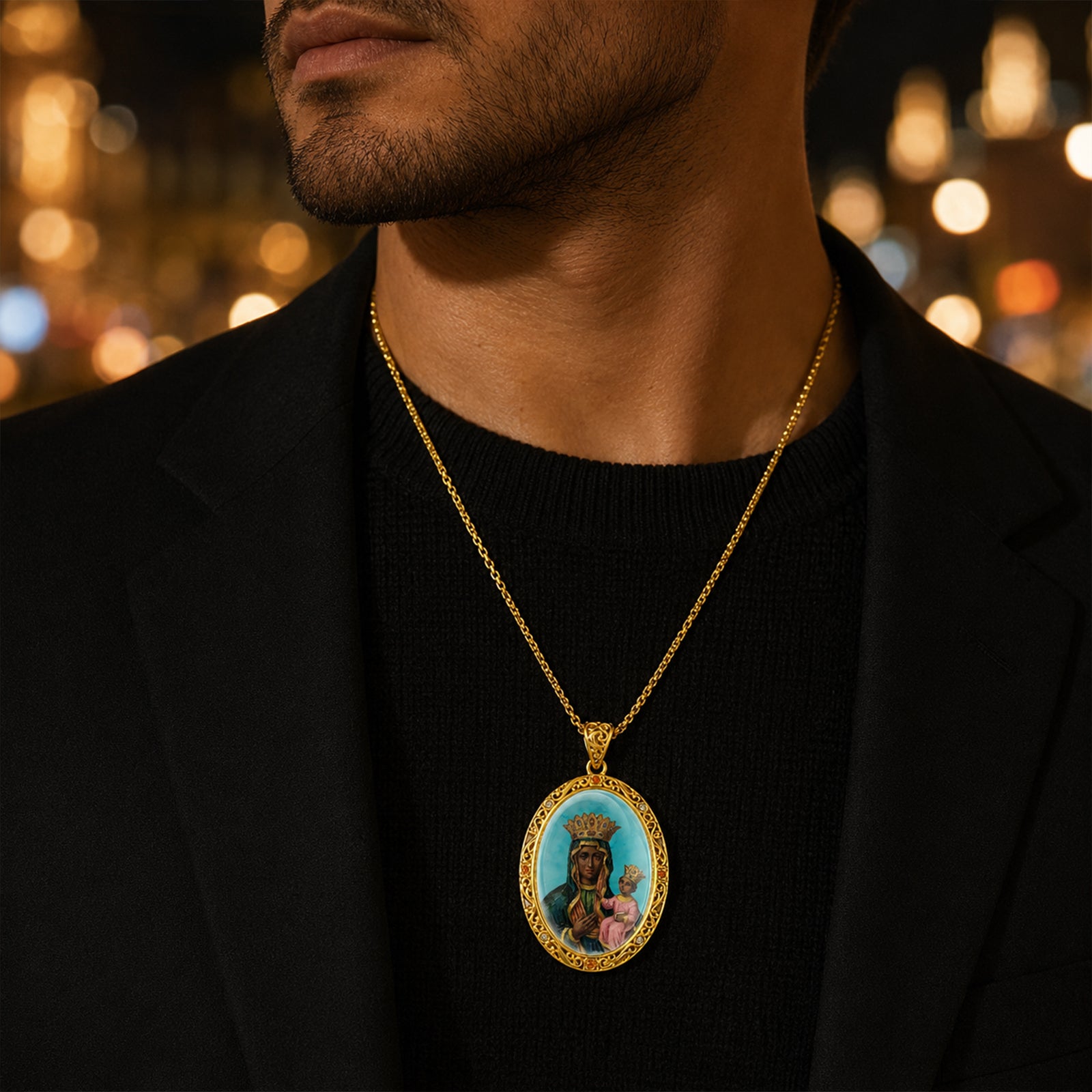 GIVELUCK Black Madonna Necklace for Men & Women, 18K Gold Plated Turquoise Black Madonna Pendant with Zircon, Catholic Protection Jewelry Gift