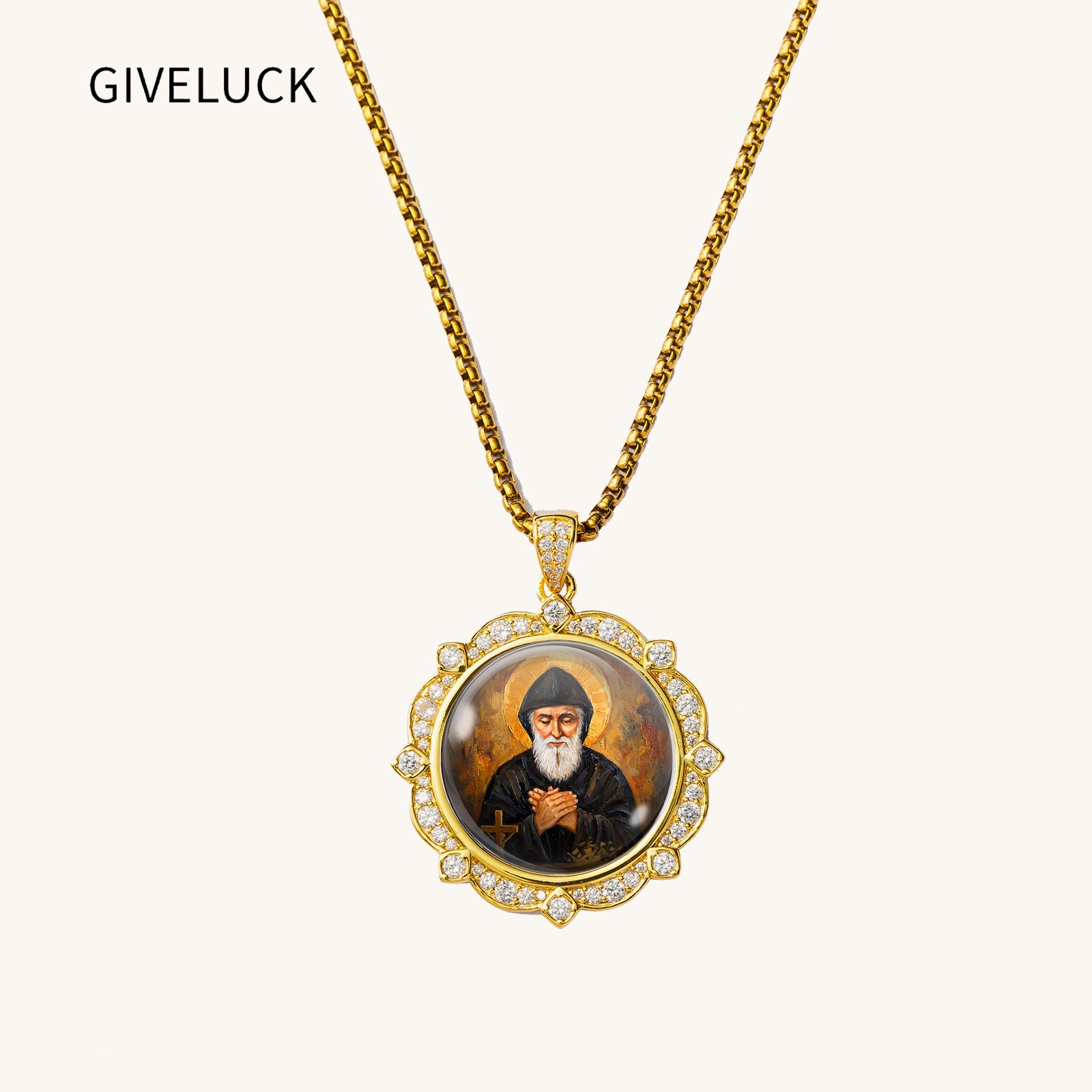 GIVELUCK 18k Plated Gold Catholic Saint Charbel Devotional Medal Enamel Pendant Necklace