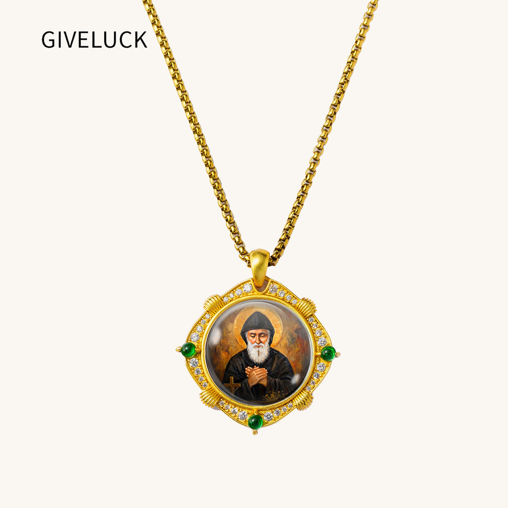 GIVELUCK 18k Plated Gold Catholic Saint Charbel Devotional Medal Enamel Pendant Necklace