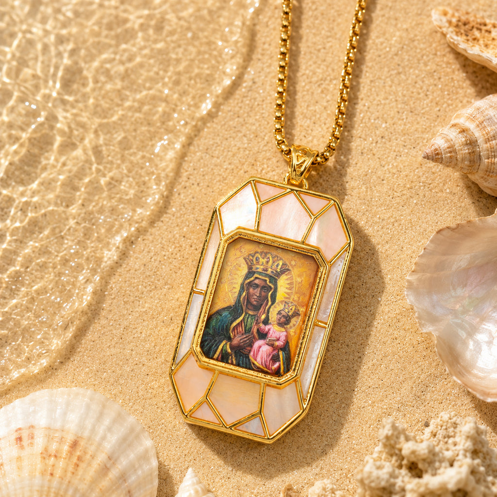 Black Madonna Necklace, Hand-Painted Virgin Mary Pendant, 18K Gold Plated, Turquoise Inlay