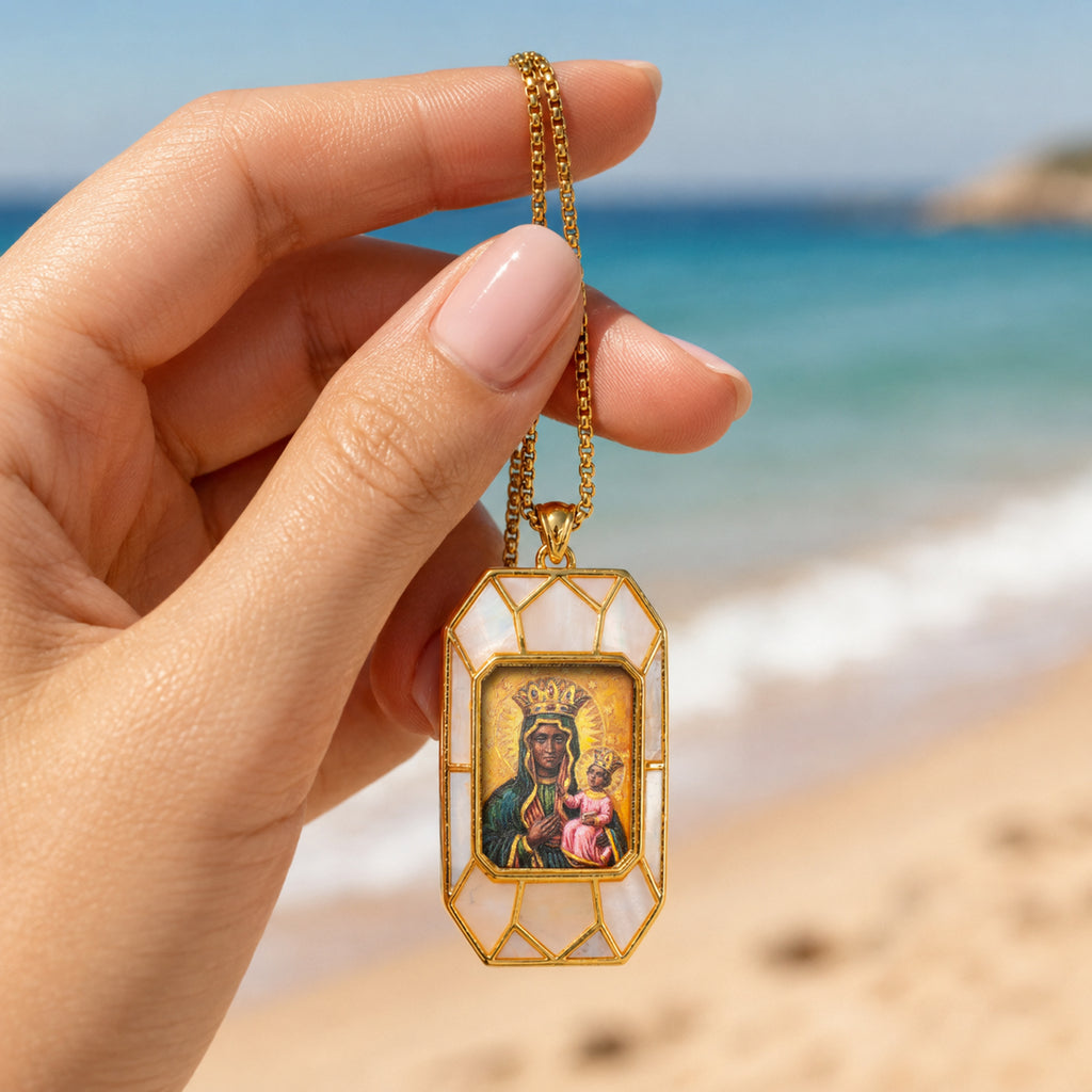 Black Madonna Necklace, Hand-Painted Virgin Mary Pendant, 18K Gold Plated, Turquoise Inlay