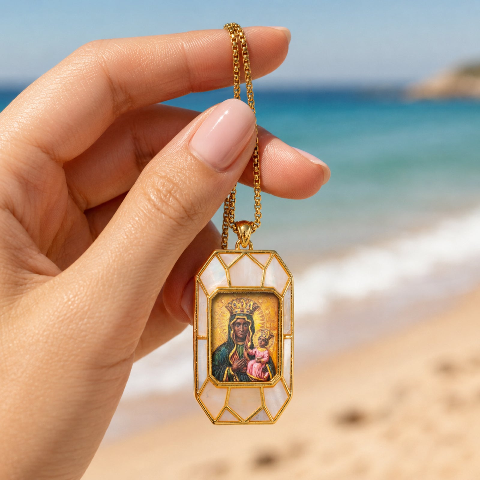 Black Madonna Necklace, Hand-Painted Virgin Mary Pendant, 18K Gold Plated, Turquoise Inlay