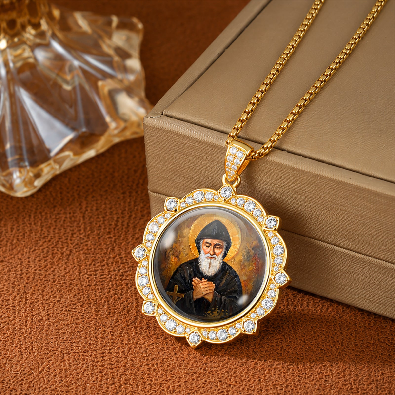GIVELUCK 18k Plated Gold Catholic Saint Charbel Devotional Medal Enamel Pendant Necklace