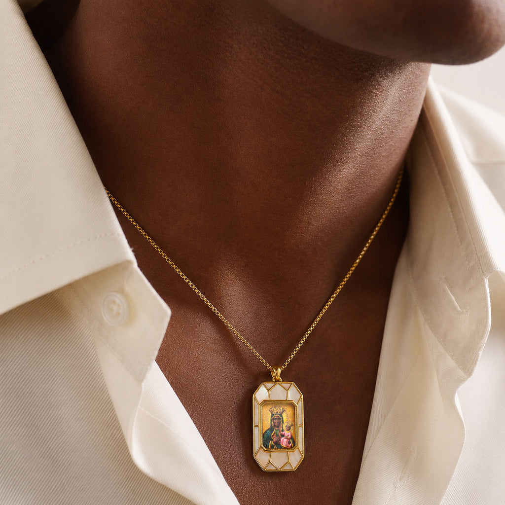 Black Madonna Necklace, Hand-Painted Virgin Mary Pendant, 18K Gold Plated, Turquoise Inlay