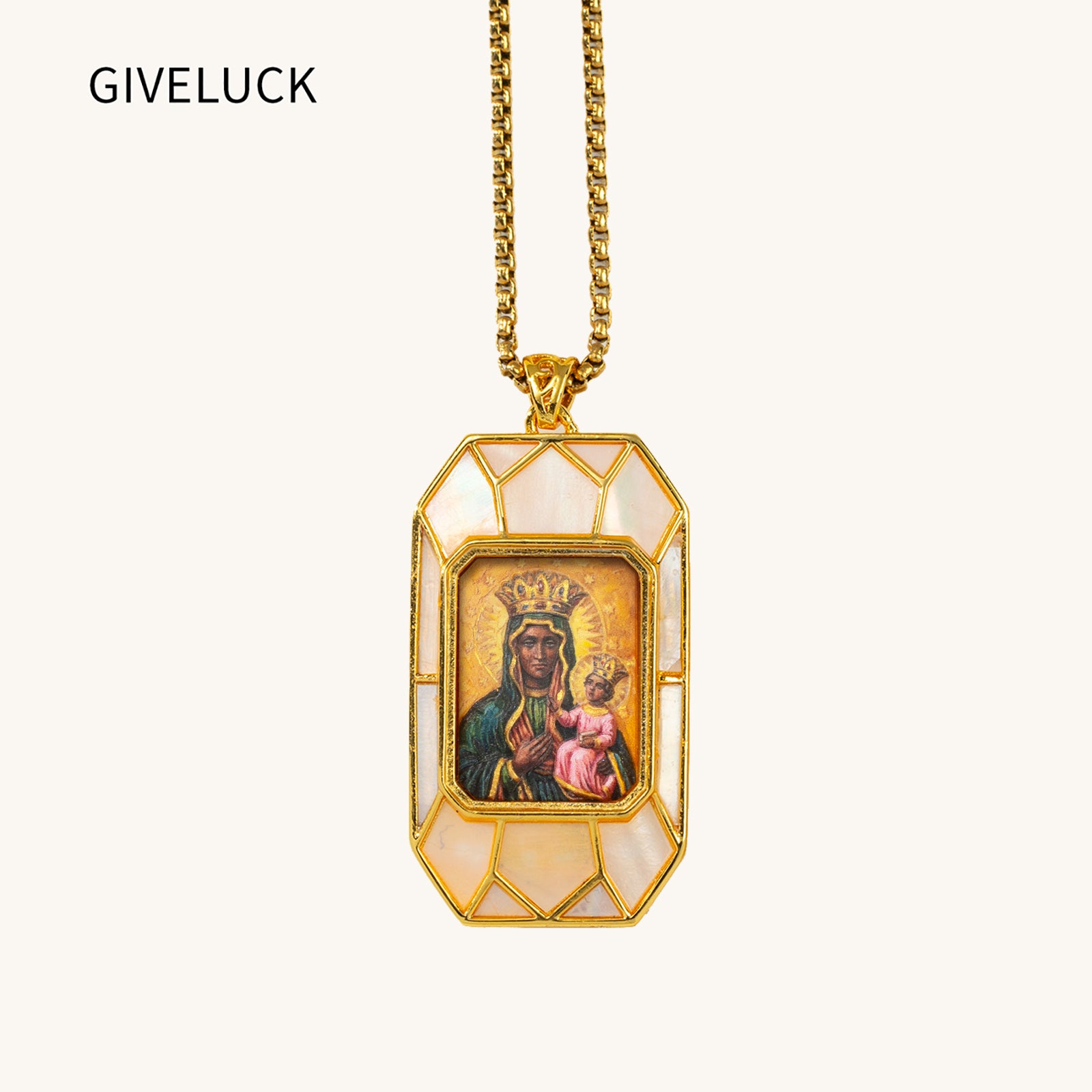 Black Madonna Necklace, Hand-Painted Virgin Mary Pendant, 18K Gold Plated, Turquoise Inlay