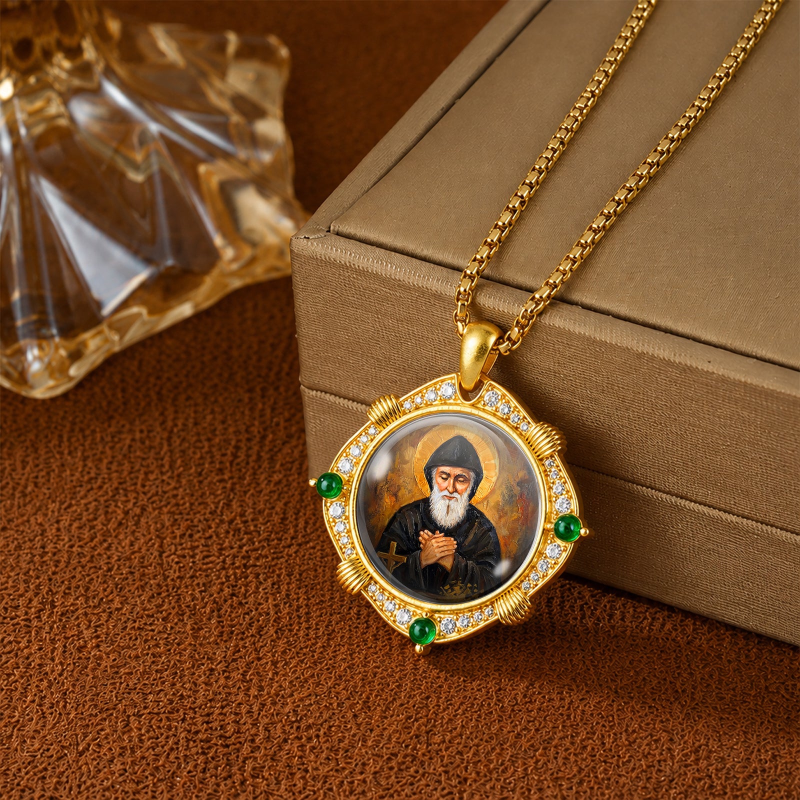 GIVELUCK 18k Plated Gold Catholic Saint Charbel Devotional Medal Enamel Pendant Necklace
