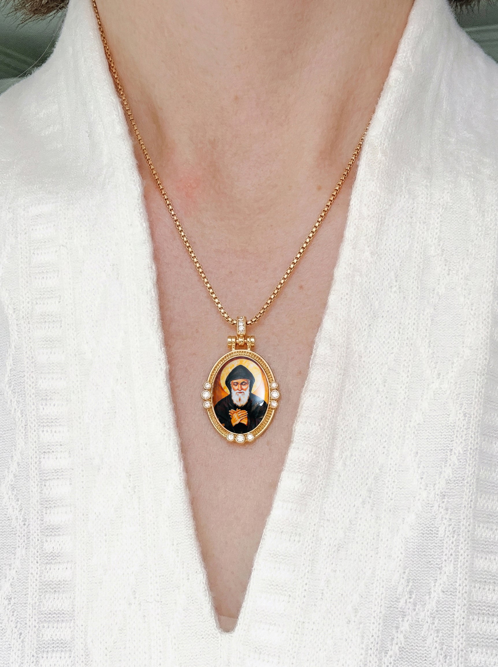 GIVELUCK 18k Plated Gold Pendant Necklace Enamel Eternal Halo St. Charbel Protection Necklace for Women and Men