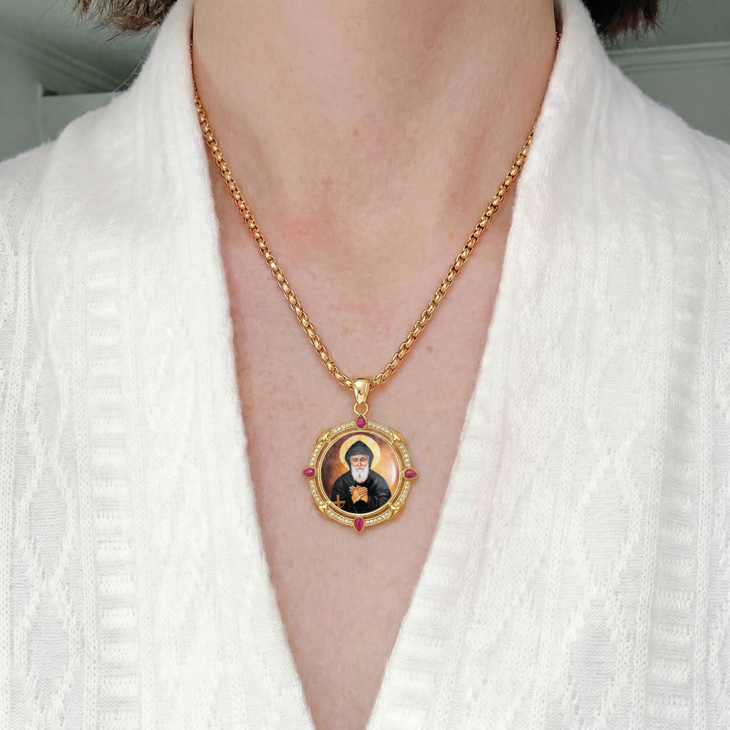 GIVELUCK 18k Plated Gold Catholic Saint Charbel Devotional Medal Enamel Pendant Necklace