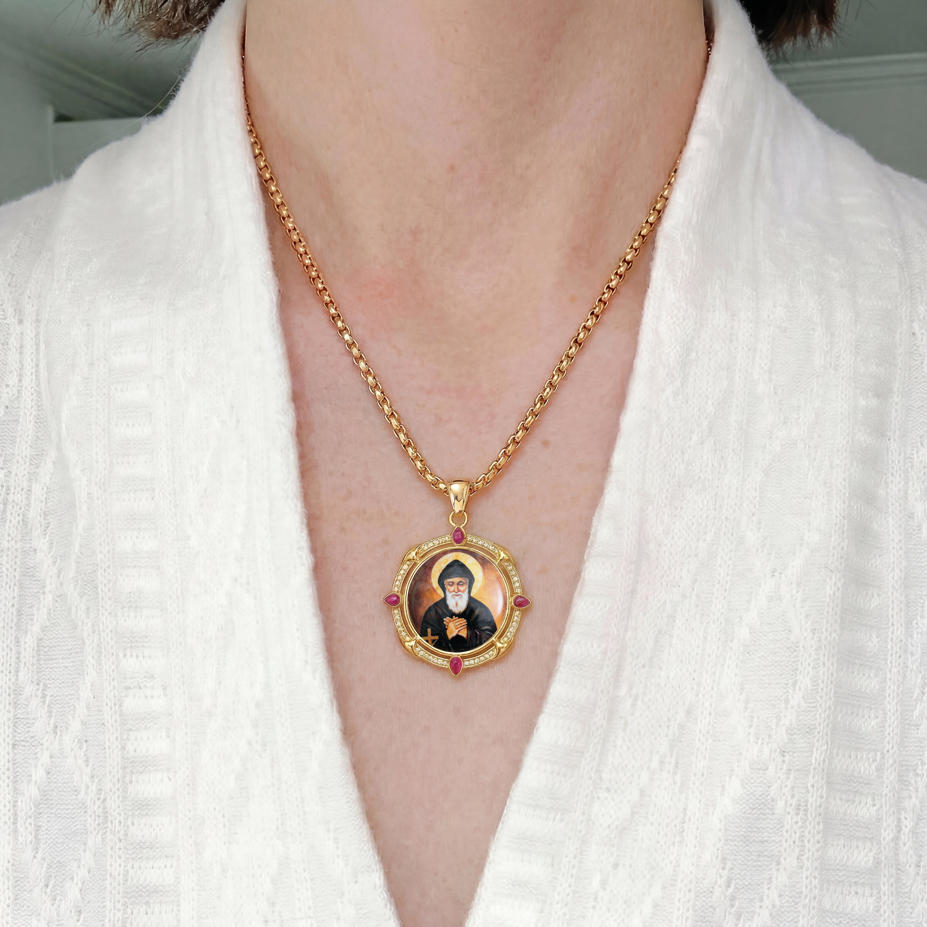 GIVELUCK 18k Plated Gold Catholic Saint Charbel Devotional Medal Enamel Pendant Necklace