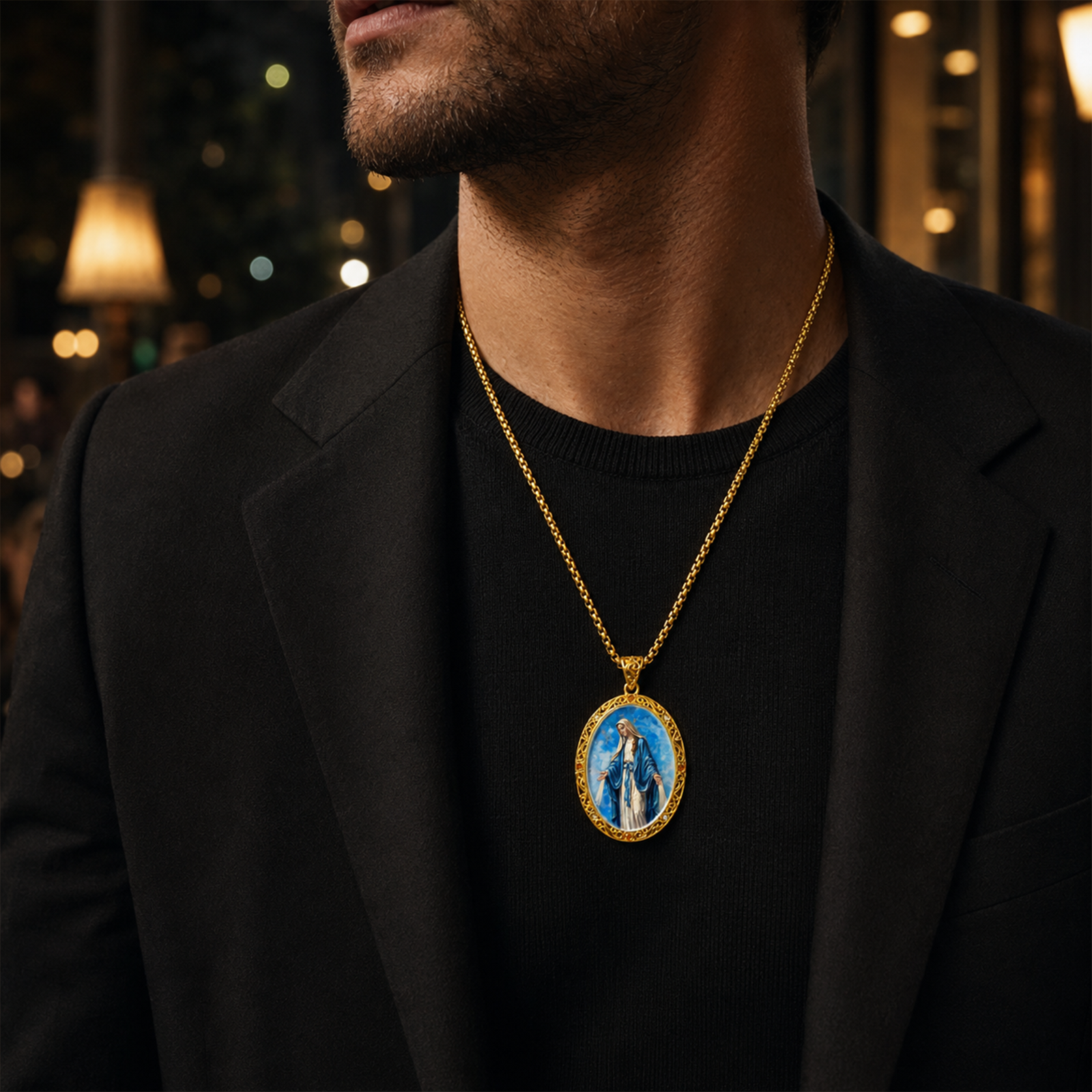 Miraculous Medal Necklace, Lapis Lazuli Pendant, 18K Gold Plated Catholic Jewelry (Round or Oval)