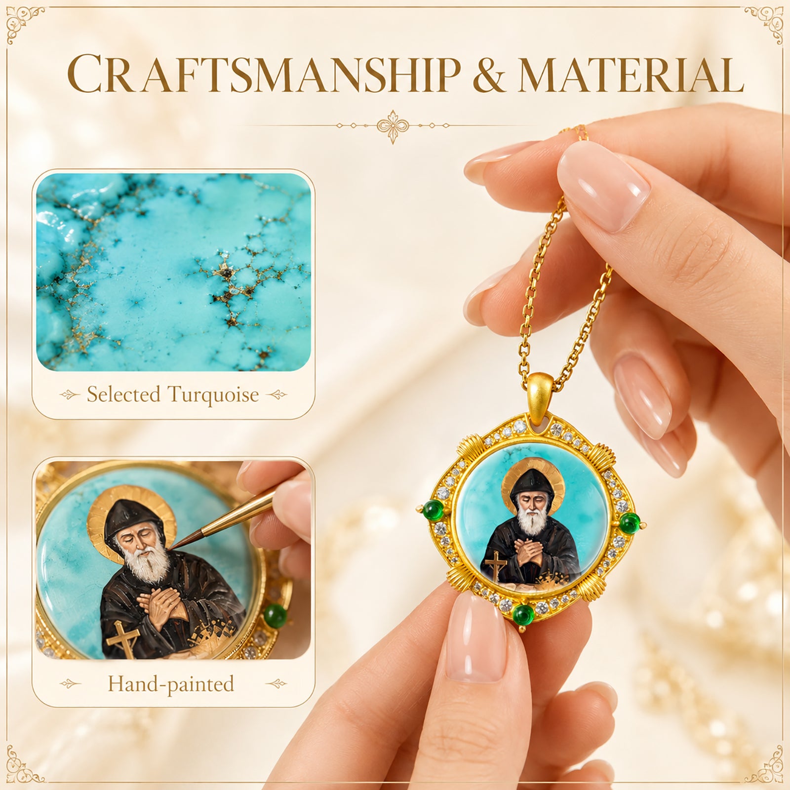 GIVELUCK St. Charbel Necklace for Men & Women, 18K Gold Plated Turquoise St. Charbel Pendant with Zircon, Catholic Protection Jewelry Gift