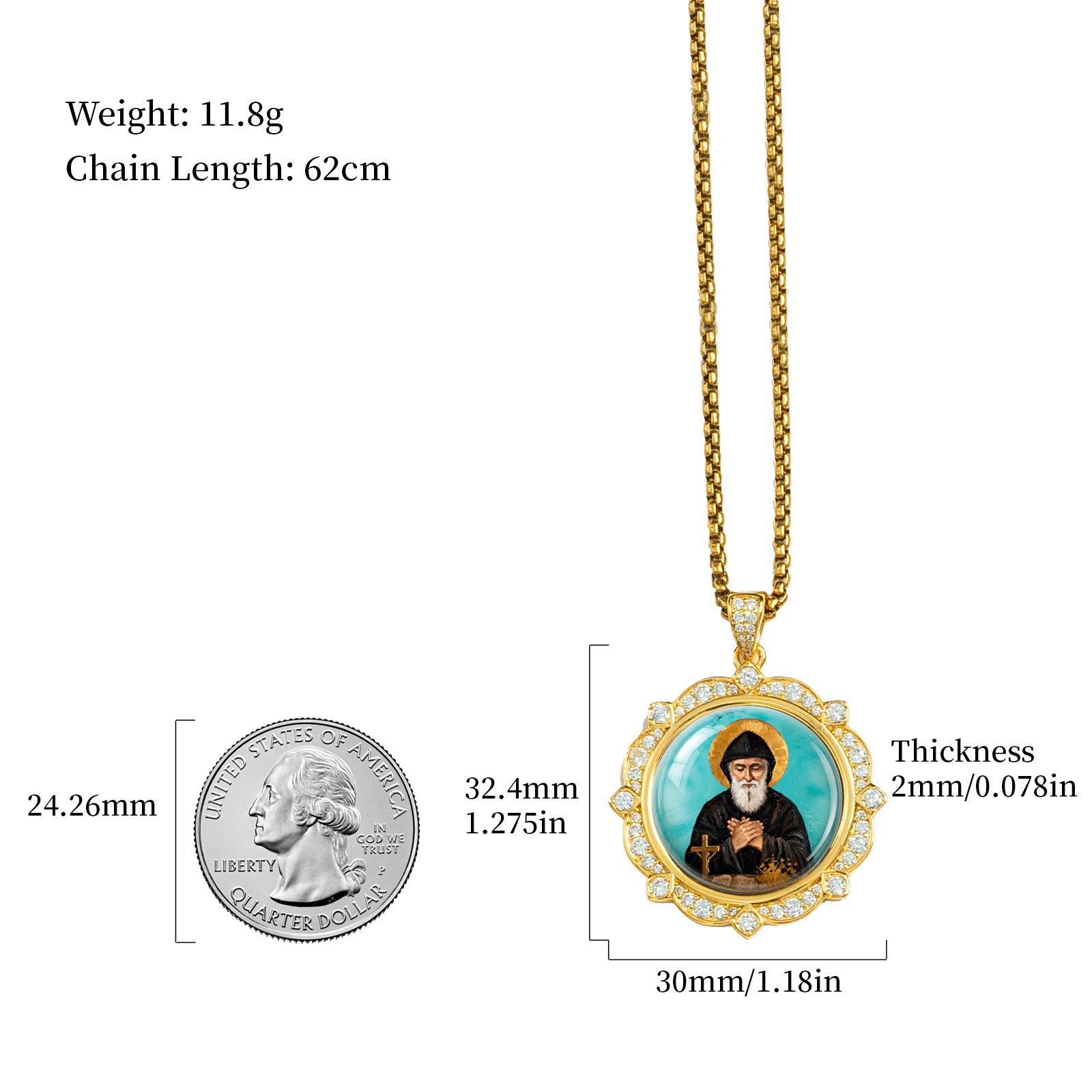 GIVELUCK St. Charbel Necklace for Men & Women, 18K Gold Plated Turquoise St. Charbel Pendant with Zircon, Catholic Protection Jewelry Gift