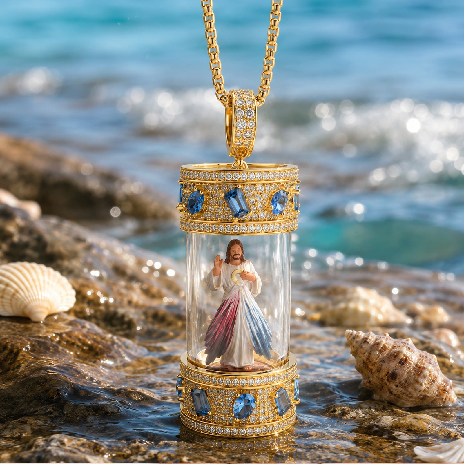Divine Mercy Jesus Necklace, 18K Gold Plated Hand Painted Icon Pendant, Catholic Jewelry