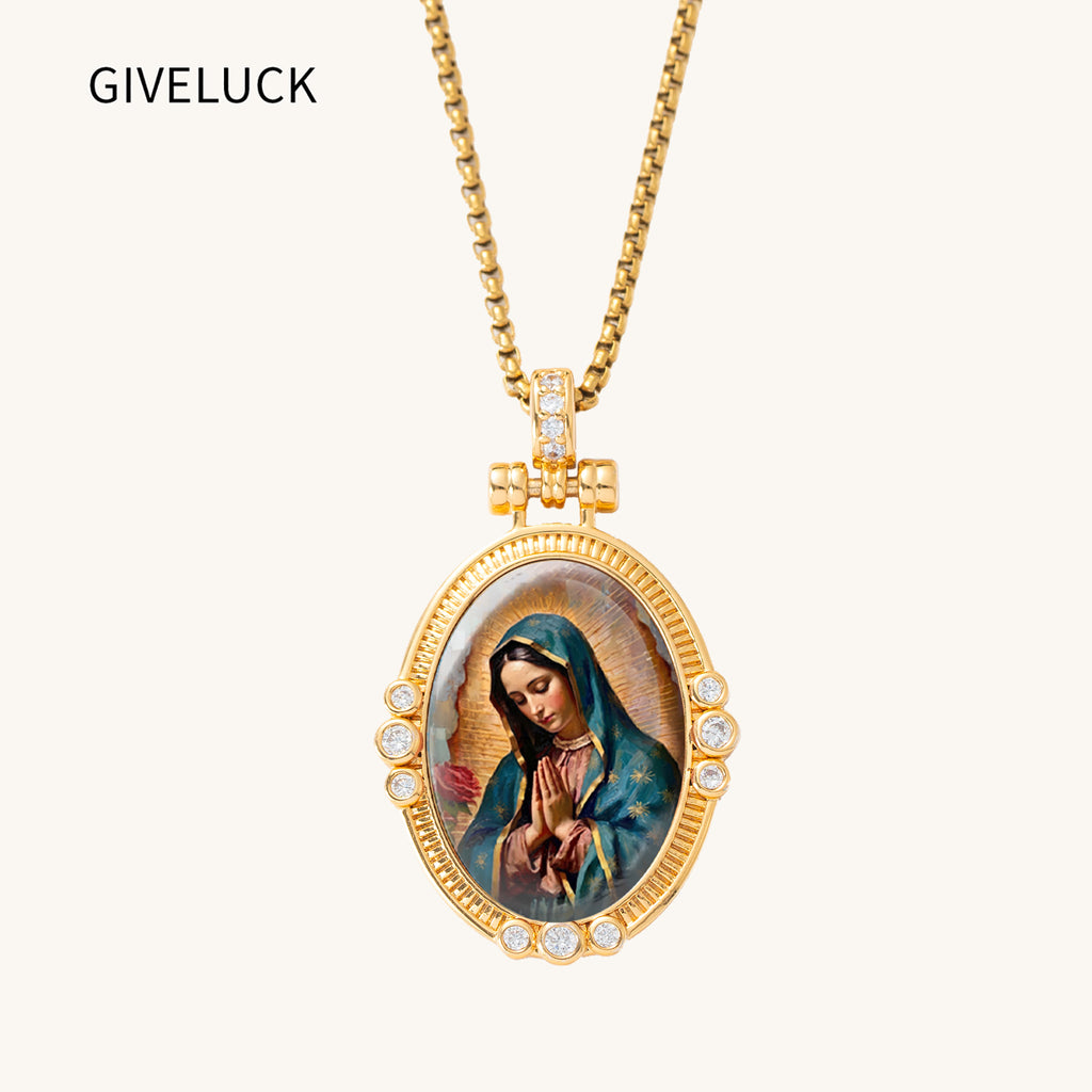 GIVELUCK 18K Gold Plated Our Lady of Guadalupe Necklace for Women, Authentic Vitreous Enamel Virgin Mary Pendant, Catholic Protection Jewelry Gift