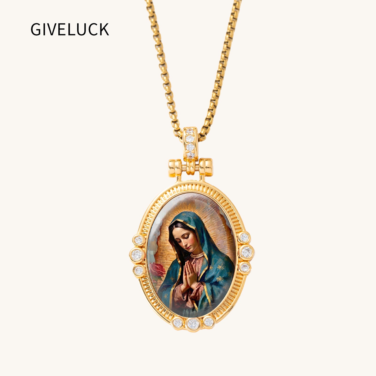 GIVELUCK 18K Gold Plated Our Lady of Guadalupe Necklace for Women, Authentic Vitreous Enamel Virgin Mary Pendant, Catholic Protection Jewelry Gift