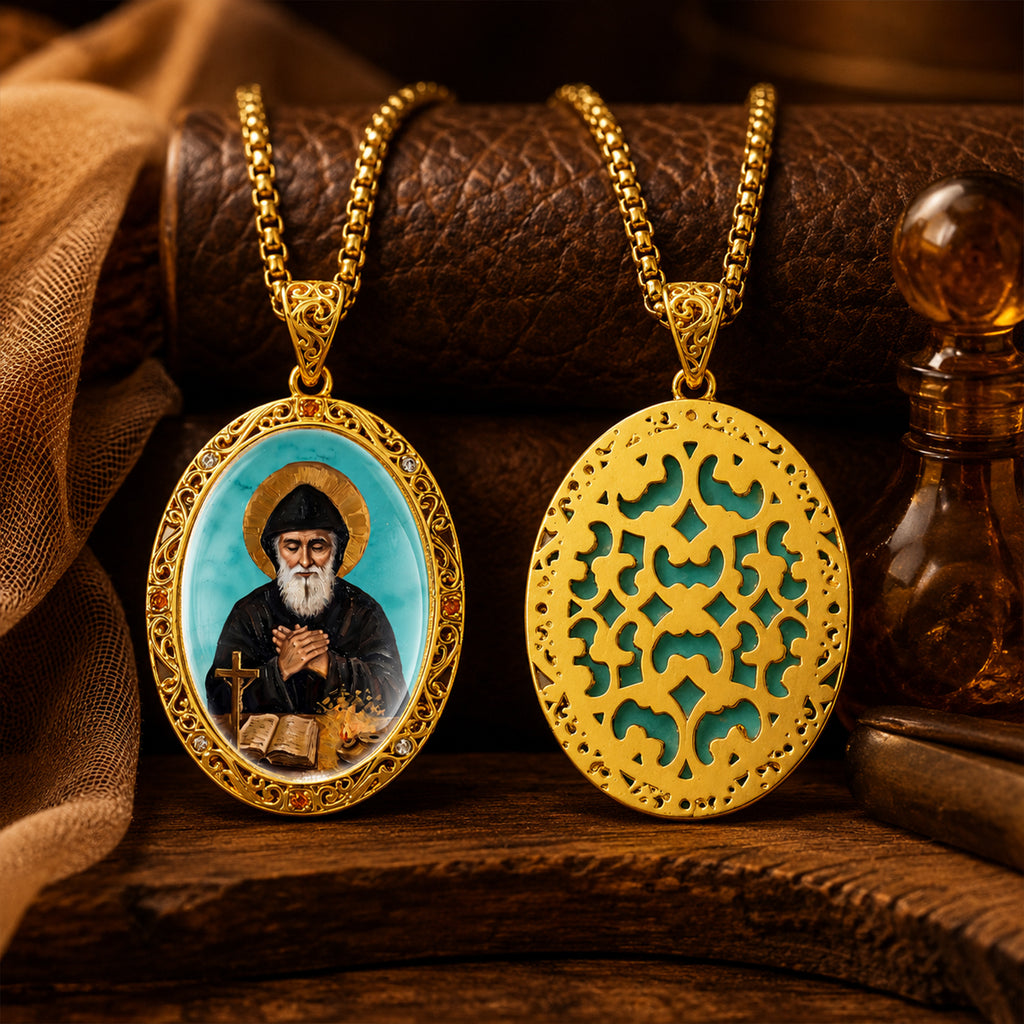 GIVELUCK St. Charbel Necklace for Men & Women, 18K Gold Plated Turquoise St. Charbel Pendant with Zircon, Catholic Protection Jewelry Gift