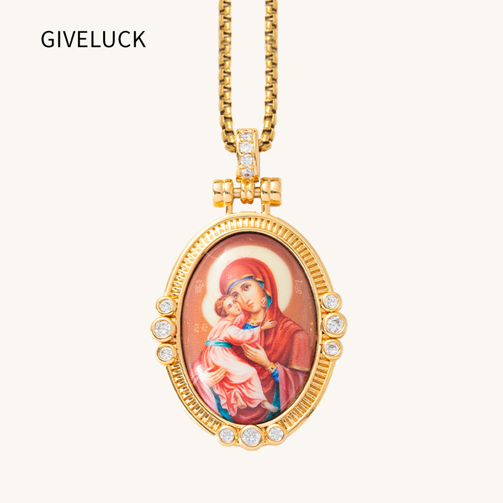 GIVELUCK 18k Plated Gold Pendant Necklace Enamel Eternal Halo Virgin Mary Miraculous Medal for Women and Men