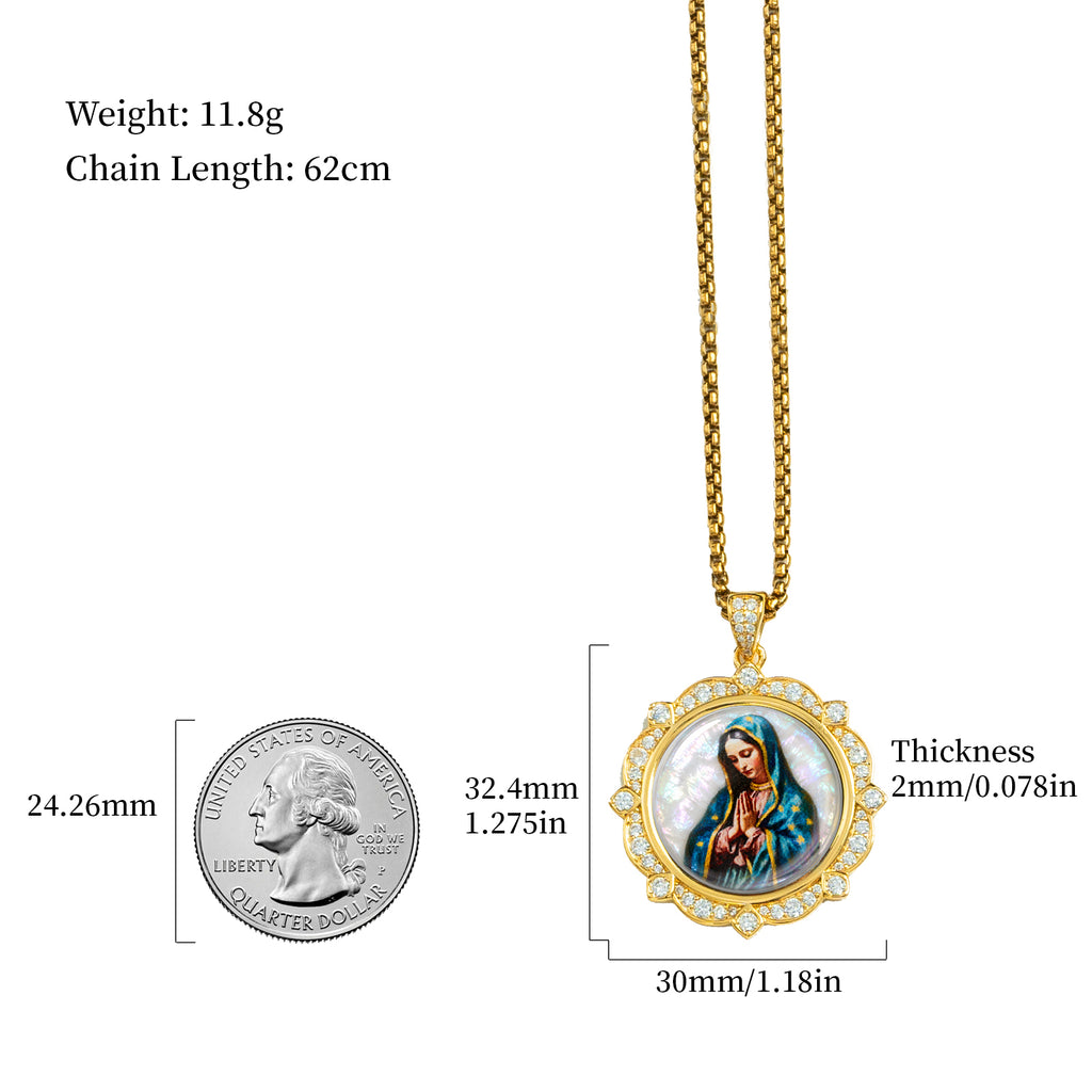 GIVELUCK Our Lady of Guadalupe Virgin Mary Miraculous Medal Necklace for Men & Women, 18K Gold Plated Mother of Pearl Saint Christopher Pendant with Zircon, Catholic Protection Jewelry Gift