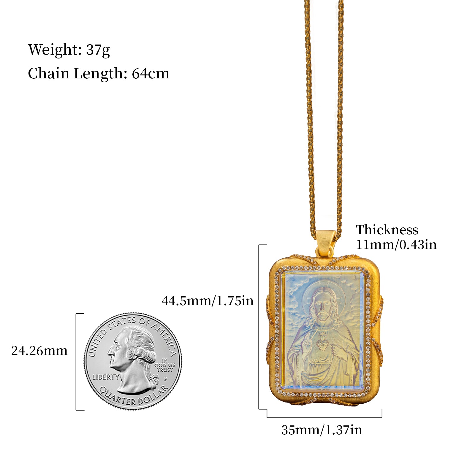 Sacred Heart Jesus Necklace, 18K Gold Plated Intaglio Carved Pendant, Catholic Religious Jewelry