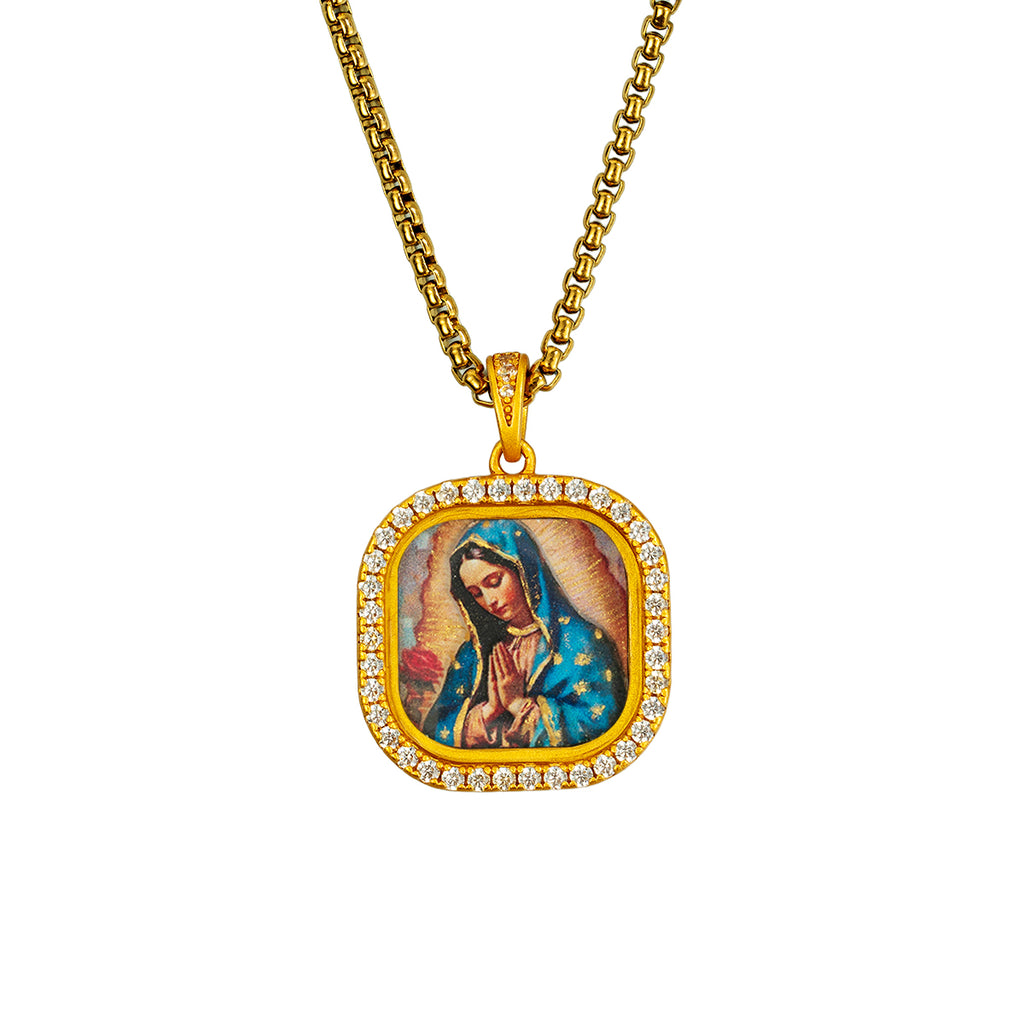 GIVELUCK 18k Plated Gold Zircon Pendant Catholic Our Lady of Guadalupe Devotional Medal Cameo Embossing Pendant Necklace for Women and Men（S）