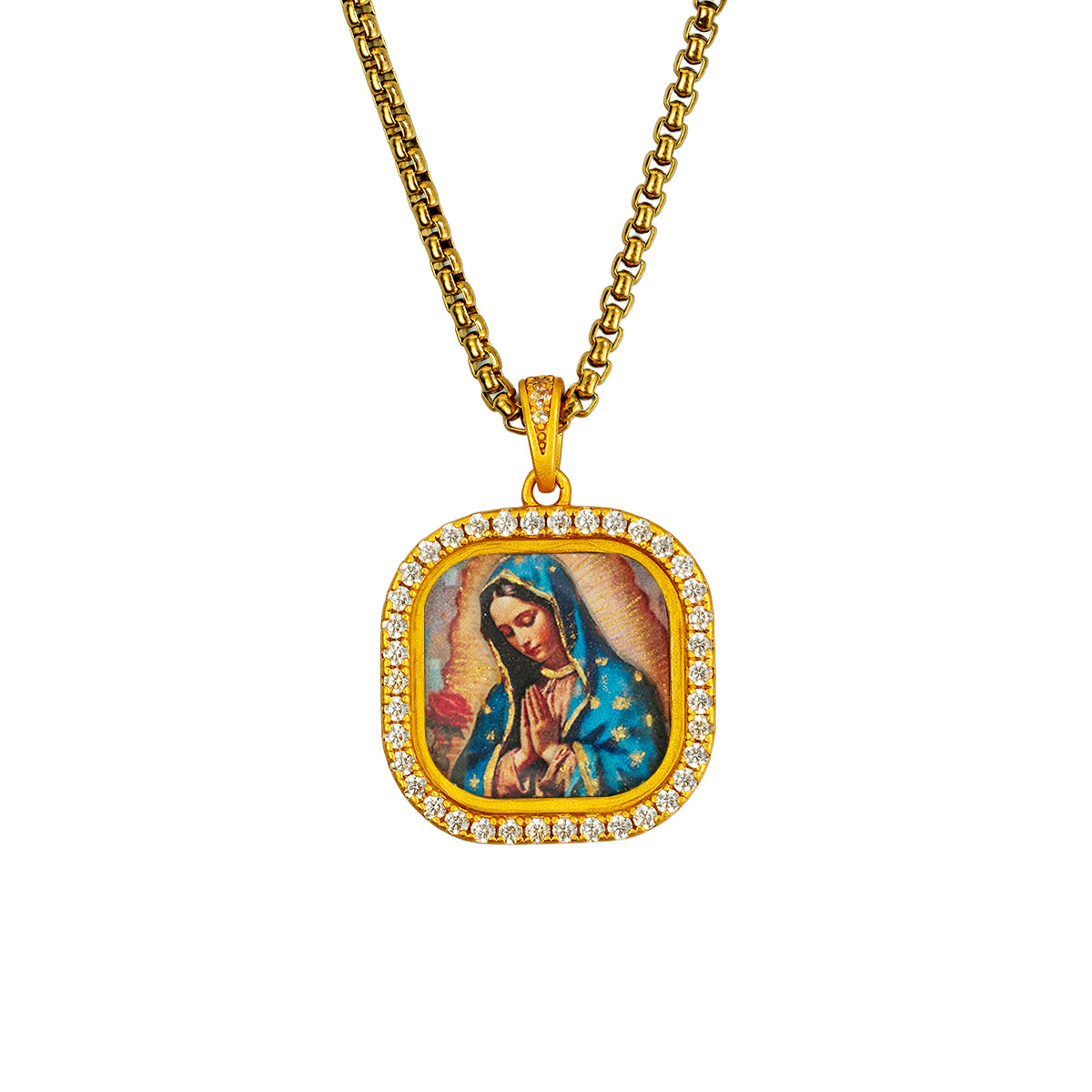 GIVELUCK 18k Plated Gold Zircon Pendant Catholic Our Lady of Guadalupe Devotional Medal Cameo Embossing Pendant Necklace for Women and Men（S）