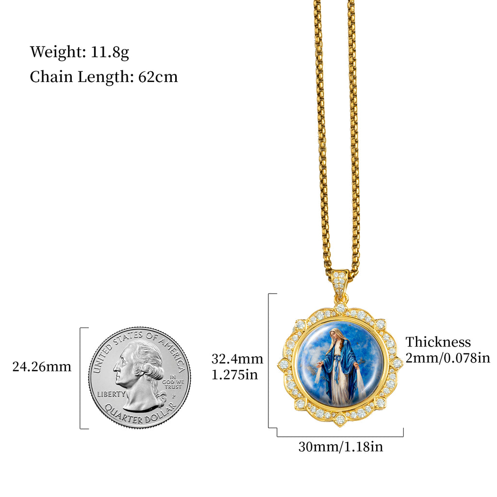 Miraculous Medal Necklace, Lapis Lazuli Pendant, 18K Gold Plated Catholic Jewelry (Round or Oval)