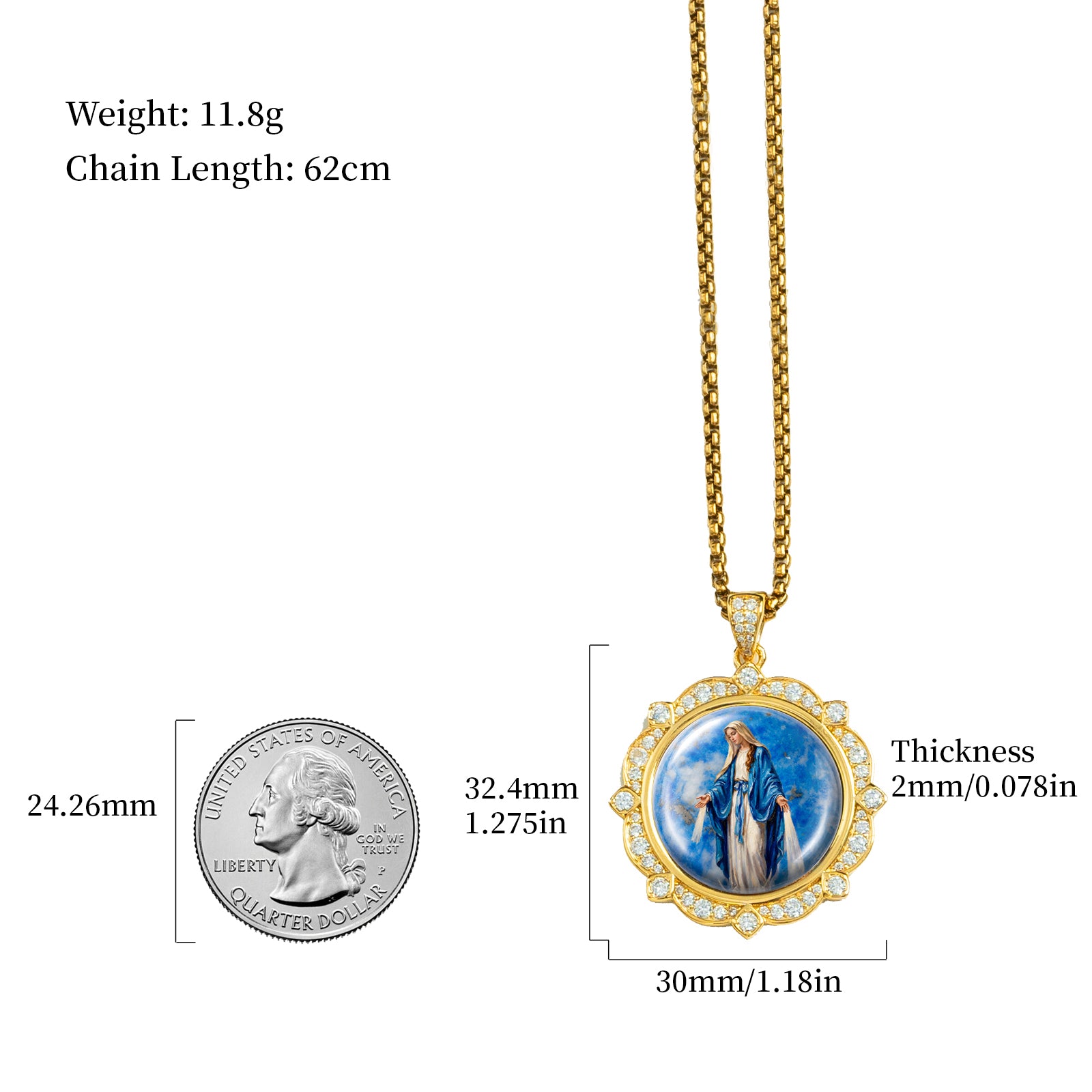 Miraculous Medal Necklace, Lapis Lazuli Pendant, 18K Gold Plated Catholic Jewelry (Round or Oval)