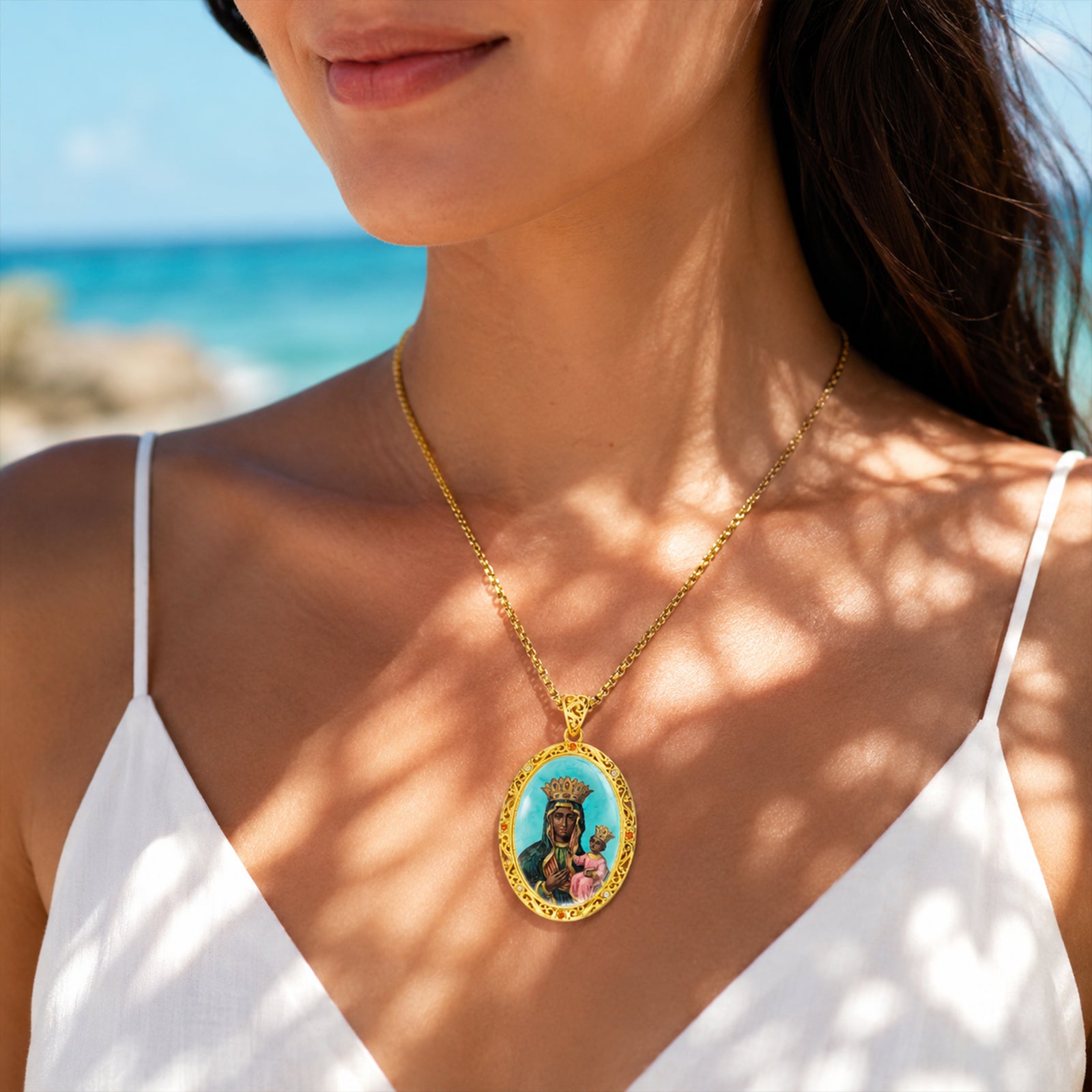 GIVELUCK Black Madonna Necklace for Men & Women, 18K Gold Plated Turquoise Black Madonna Pendant with Zircon, Catholic Protection Jewelry Gift