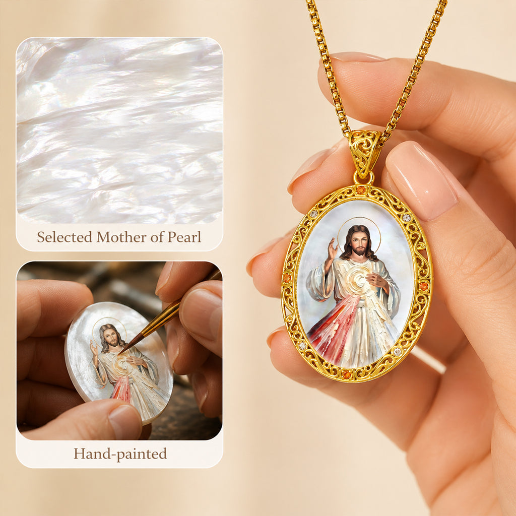 GIVELUCK Divine Mercy Jesus Christ Necklace for Men & Women, 18K Gold Plated Mother of Pearl Divine Mercy Jesus Christ Pendant with Zircon, Catholic Protection Jewelry Gift