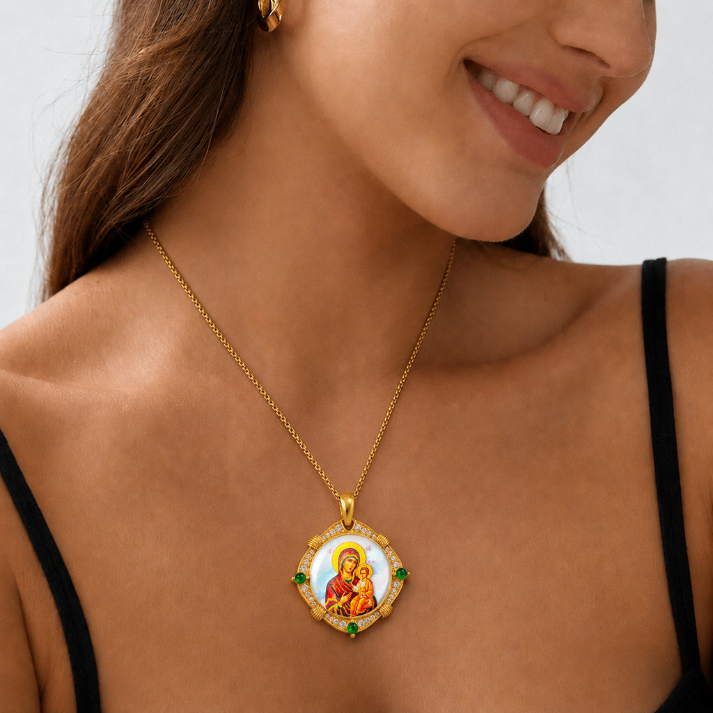Theotokos of Kazan Mother of Pearl Oval Pendant Necklace, Orthodox Christian Icon Jewelry