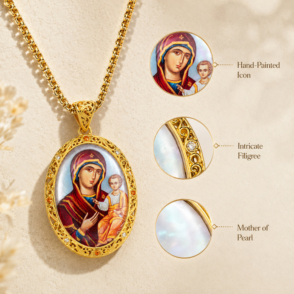 Hand-Painted Virgin Mary Icon Necklace, Mother of Pearl, Lapis Lazuli, Orthodox Christian Gift