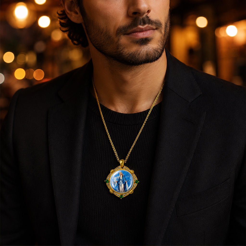 Miraculous Medal Necklace, Lapis Lazuli Pendant, 18K Gold Plated Catholic Jewelry (Round or Oval)