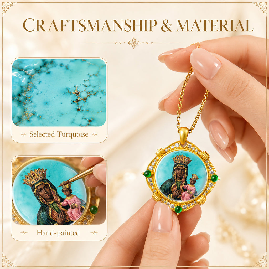 GIVELUCK Black Madonna Necklace for Men & Women, 18K Gold Plated Turquoise Black Madonna Pendant with Zircon, Catholic Protection Jewelry Gift