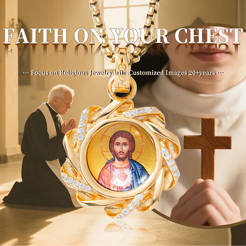 18k Plated Gold Pendant Necklace Enamel Eternal Grace Jesus Christ Devotional Medal for Men and Women
